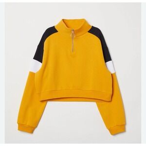 Female H&M yellow block colour sleeve crop jumper with half zip size Large